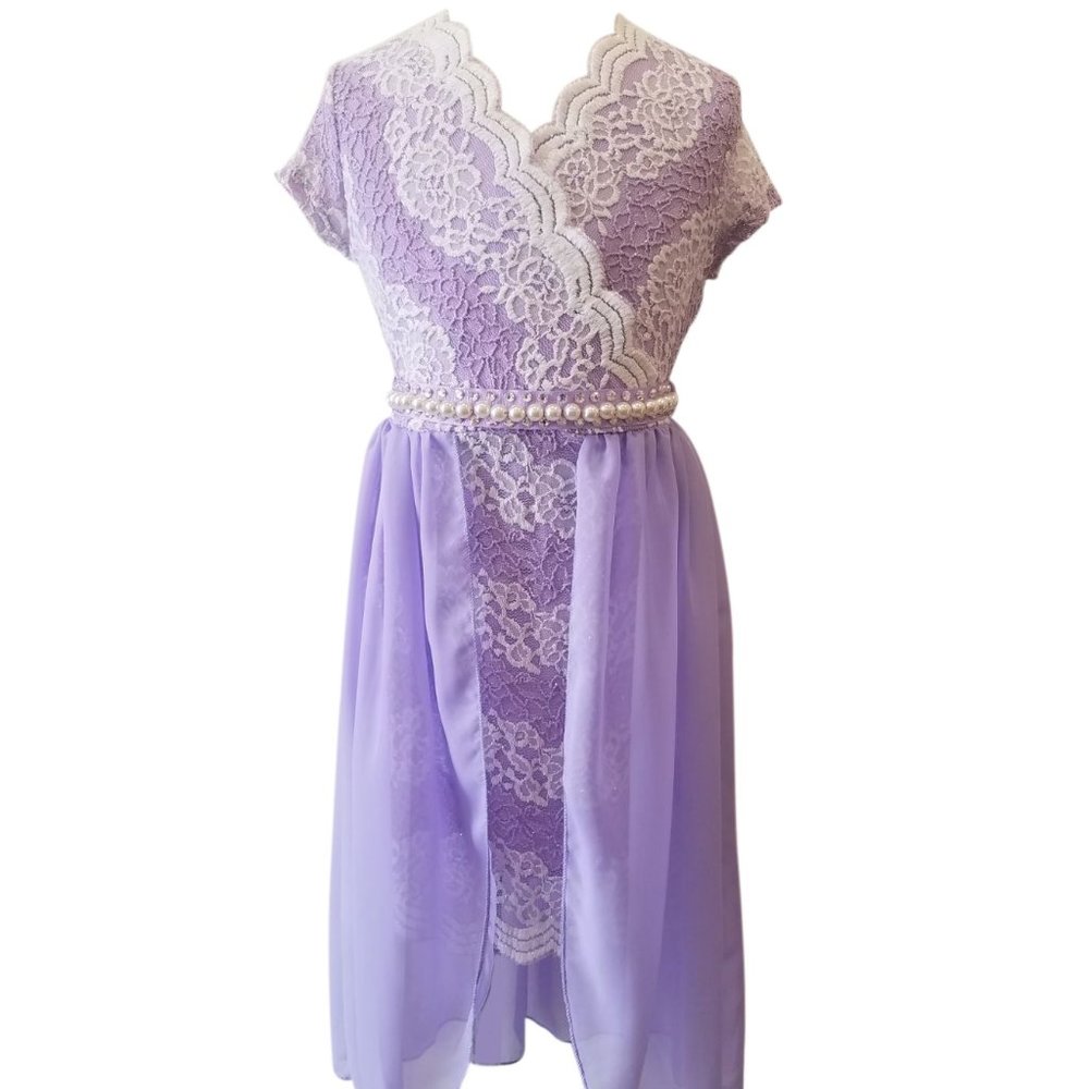 Girls Floral Lace Chiffon Pearl Birthday Holiday Party Flower Girl Dress Lilac
